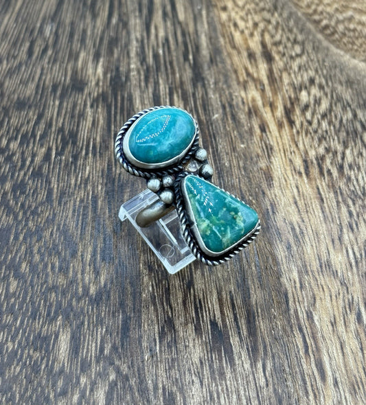 Navajo Handmade Sterling Silver Royston Turquoise Adjustable Ring Size 7 To 9