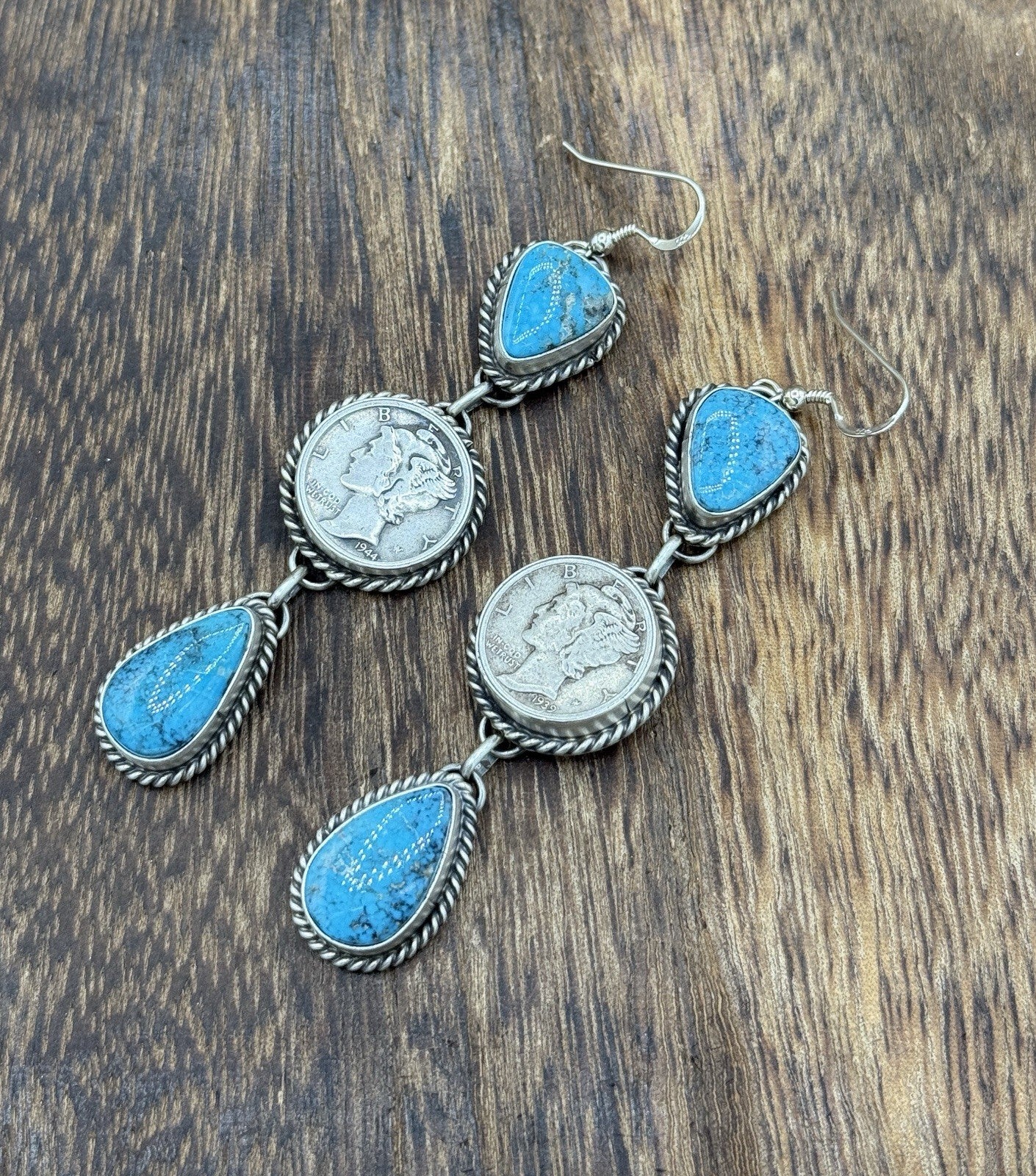 Navajo Handmade Sterling Silver Kingman Turquoise Liberty Mercury Dime Earrings