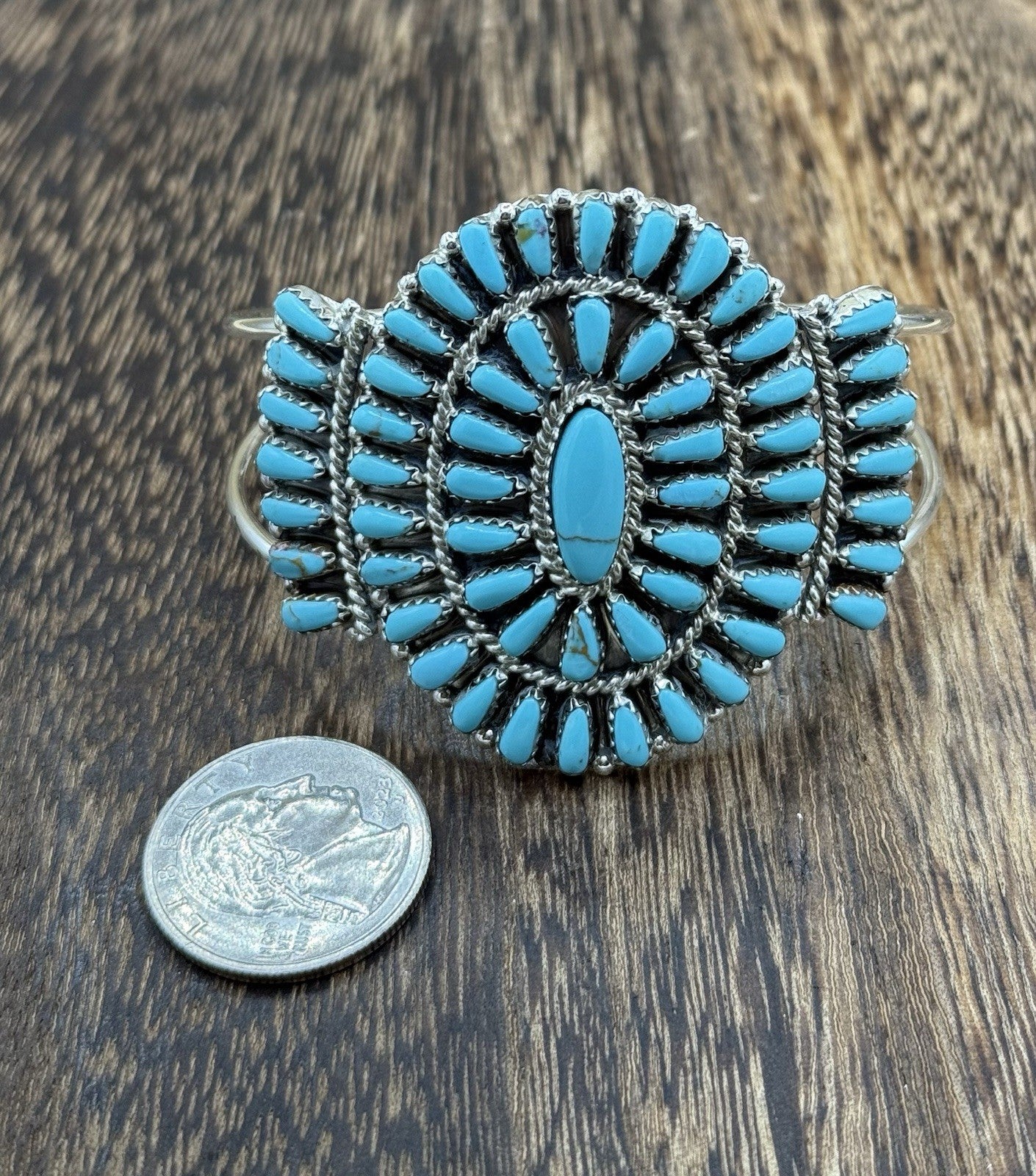 Native American Navajo Handmade Sterling Silver Turquoise Cluster Cuff Bracelet