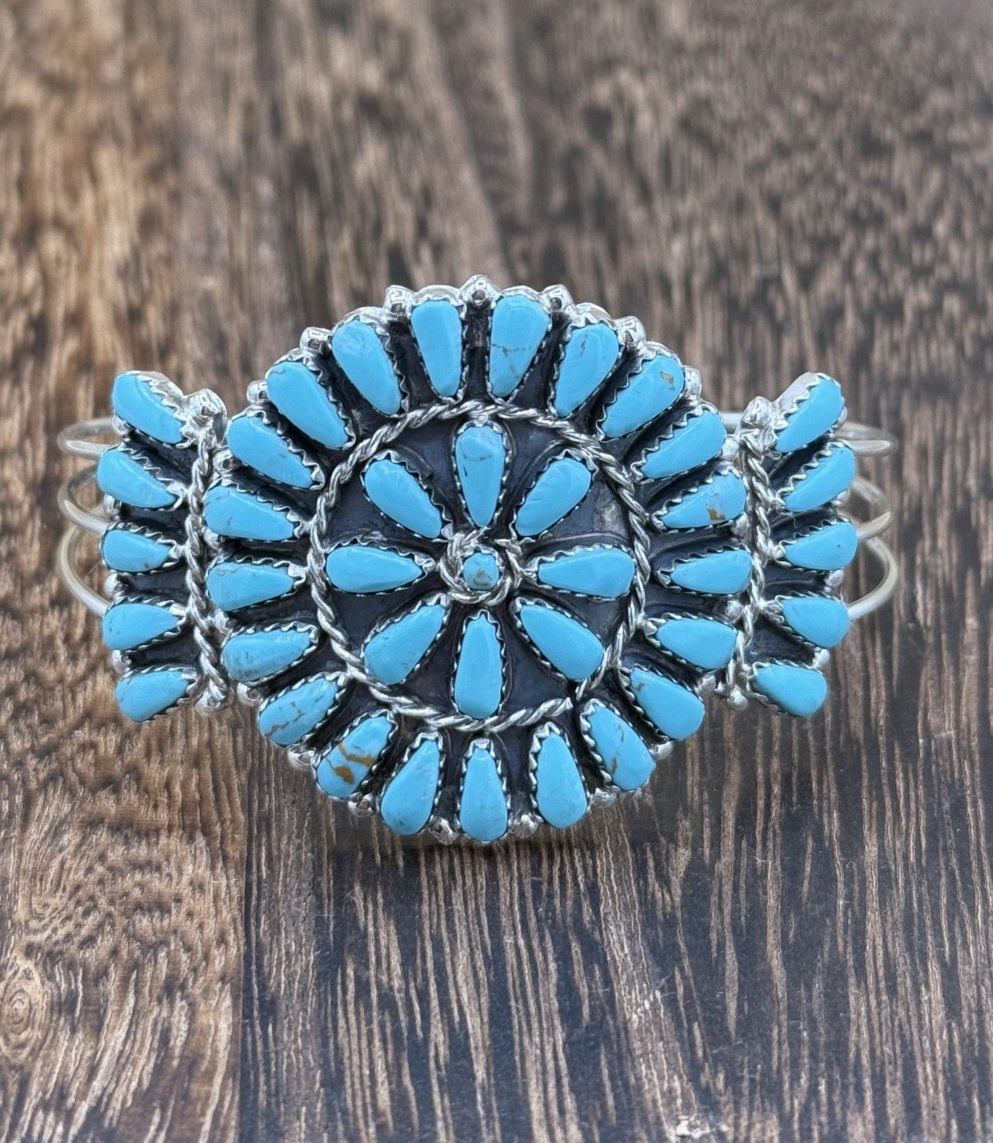 Native American Navajo Handmade Sterling Silver Turquoise Cluster Cuff Bracelet