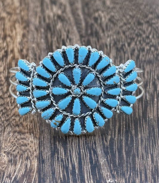 Native American Navajo Handmade Sterling Silver Turquoise Cluster Cuff Bracelet