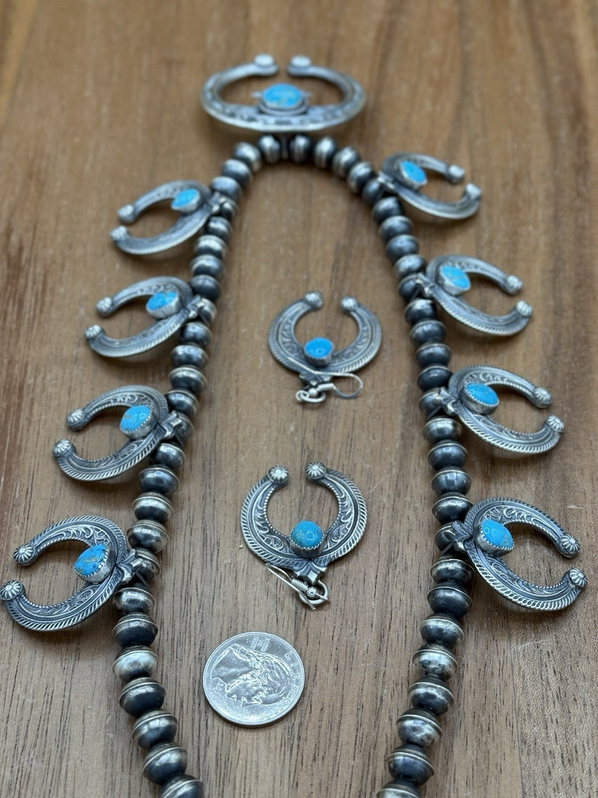 Navajo Handmade Sterling Silver Kingman Turquoise Squash Blossom Set By Kevin B.