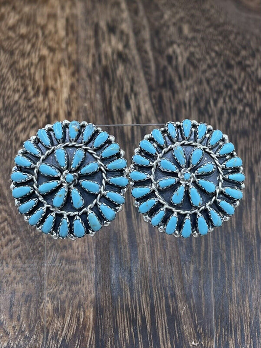 Native American Navajo Handmade Sterling Silver Turquoise Cluster Post earrings