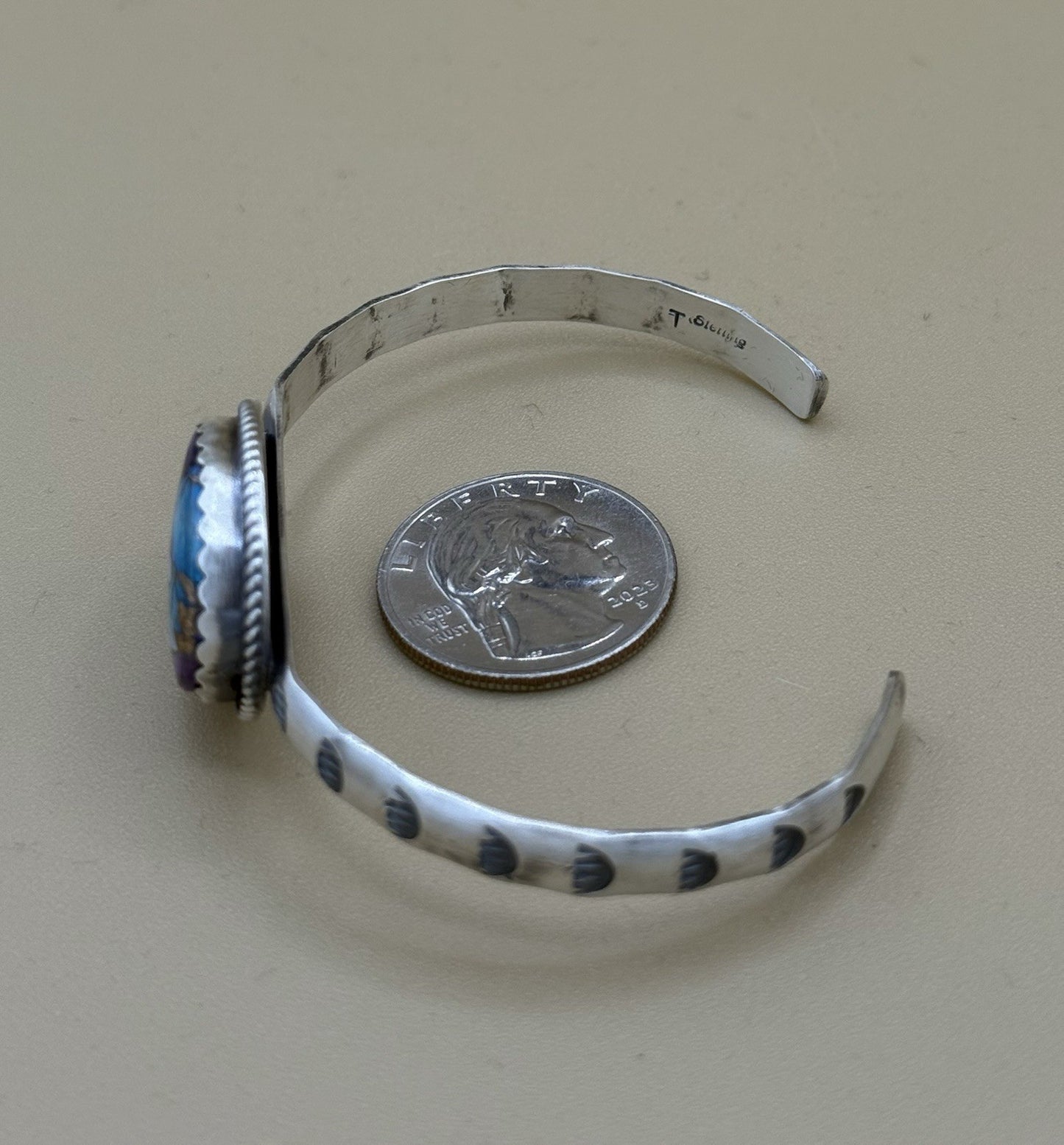 Navajo Handmade Sterling Silver Violet Rose Dahlia Stamped Stacker Cuff Bracelet