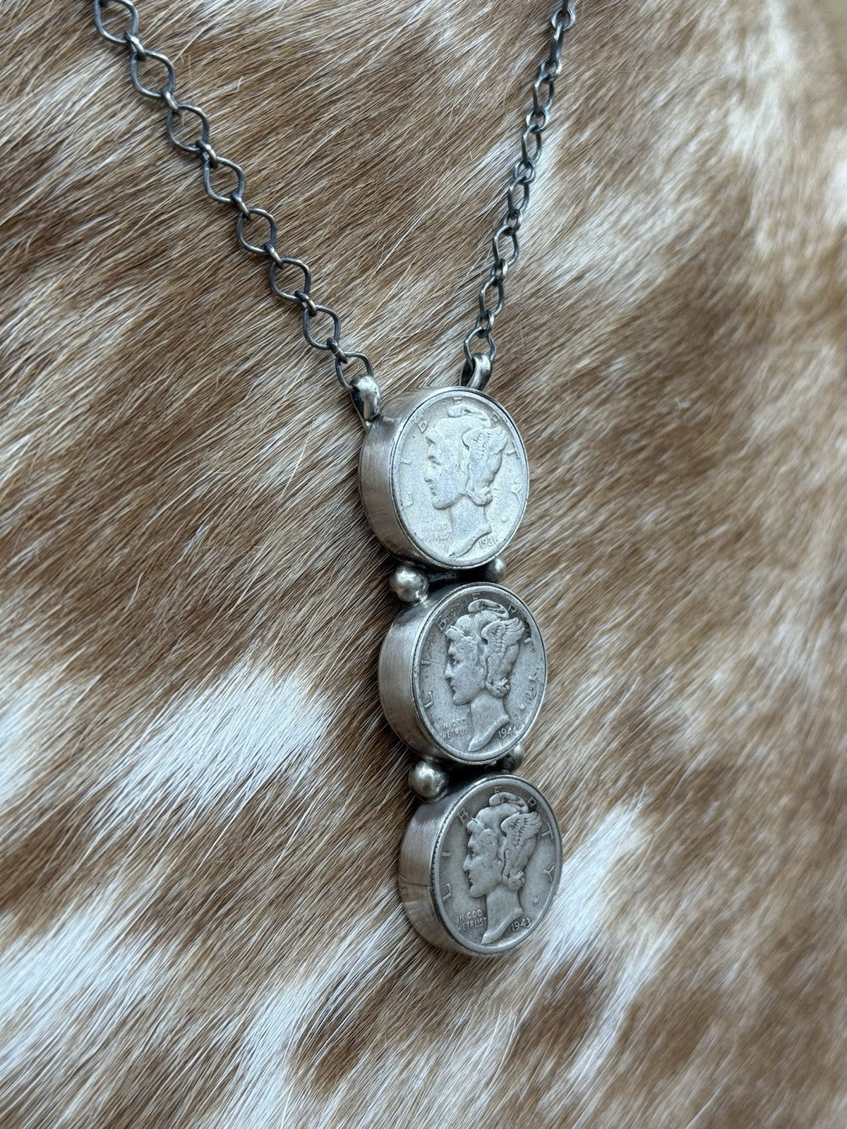 Navajo Handmade Sterling Silver Liberty Dime Cluster Bar Lariat Necklace 18”