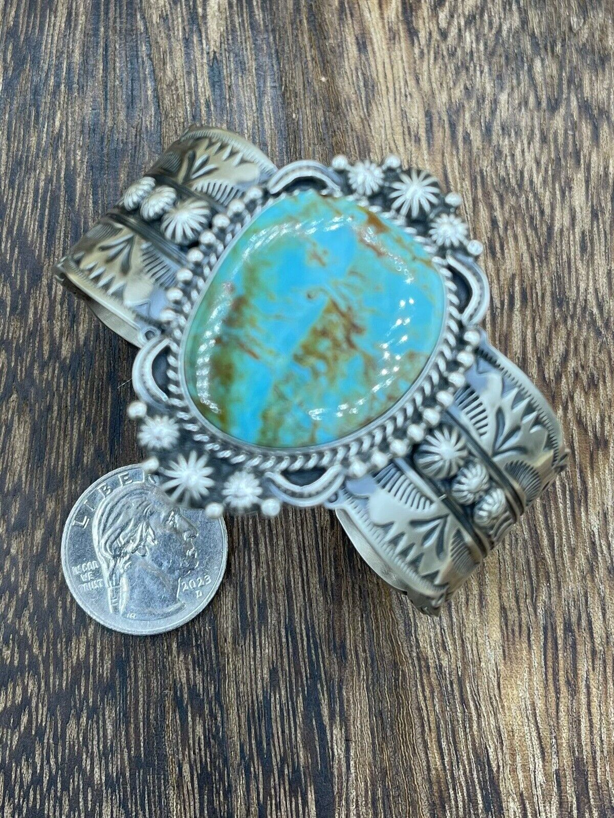 Native American Navajo Handmade Silver Kingman Turquoise Cuff Bracelet Bennie R.