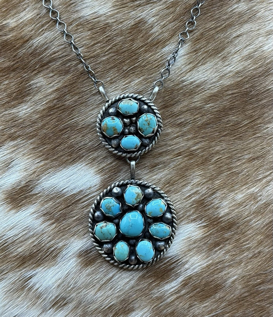 Navajo Handmade Sterling Silver Kingman Turquoise Cluster Bar Necklace 18”