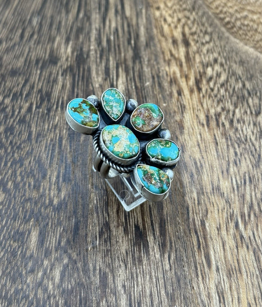 Navajo Handmade Sterling Silver Sonoran Gold Turquoise Half Cluster Ring Size 8