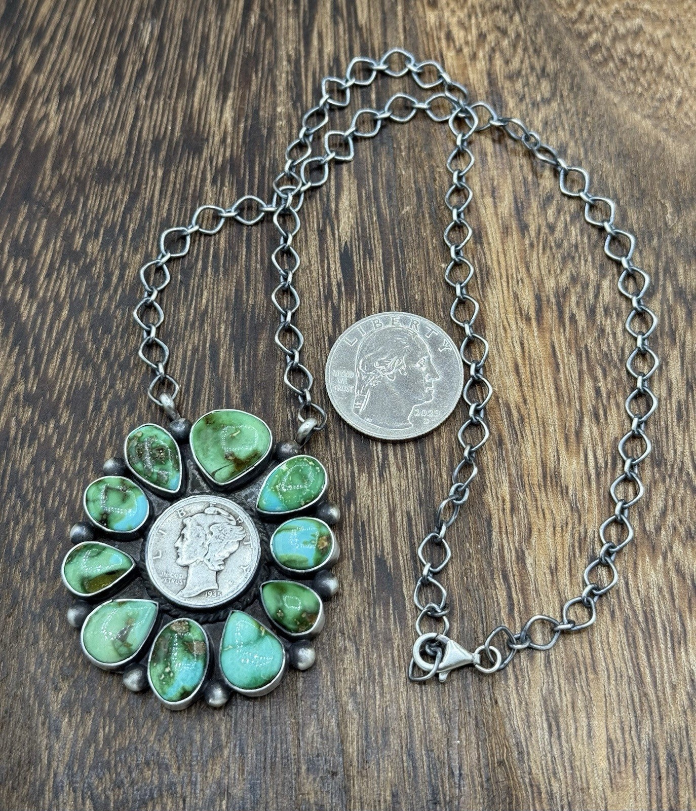 Navajo Handmade Silver Sonoran Gold Turquoise Liberty Coin Cluster Necklace 18”