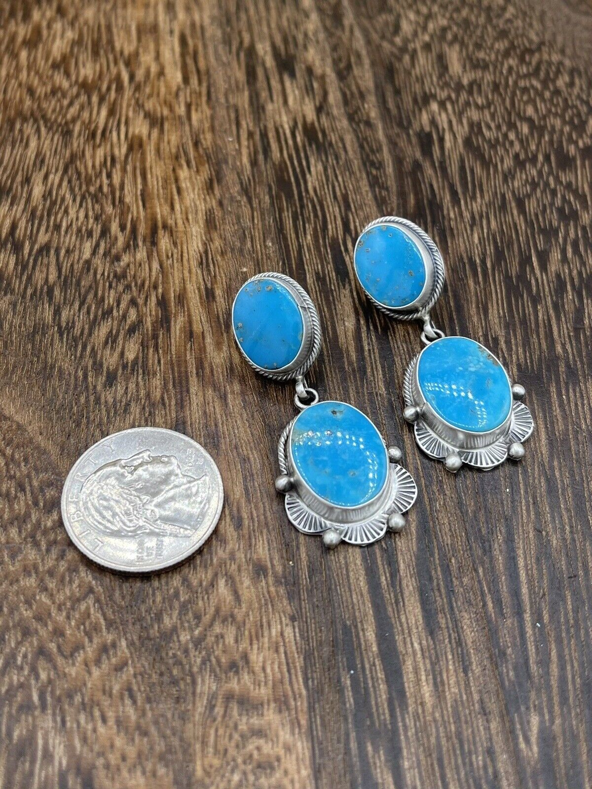 Native American Sterling Silver Navajo Handmade Turquoise Post Dangle Earrings