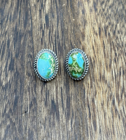 Navajo Handmade Sterling Silver Sonoran Gold Turquoise Post Stud Earrings