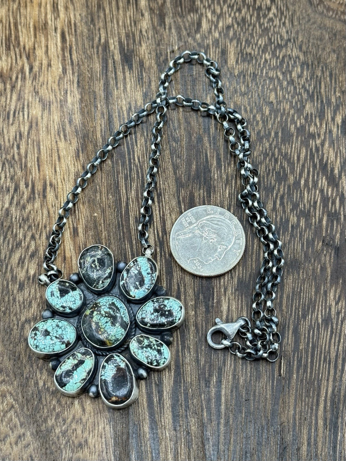 Navajo Handmade Sterling Silver Blackjack Turquoise Cluster Bar Necklace 18”