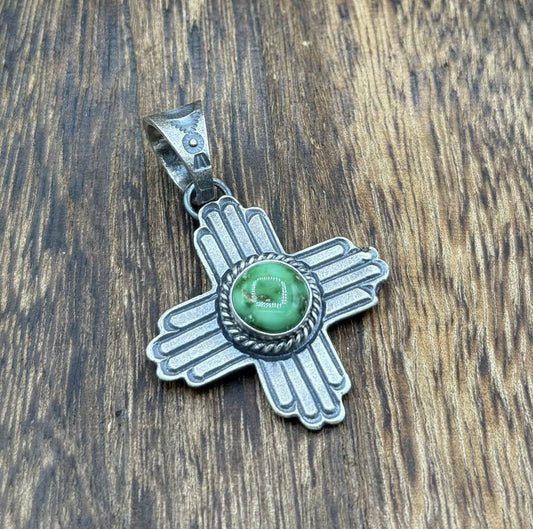 Navajo Handmade Sterling Silver Old Look Sonoran Gold Turquoise Zia Pendant