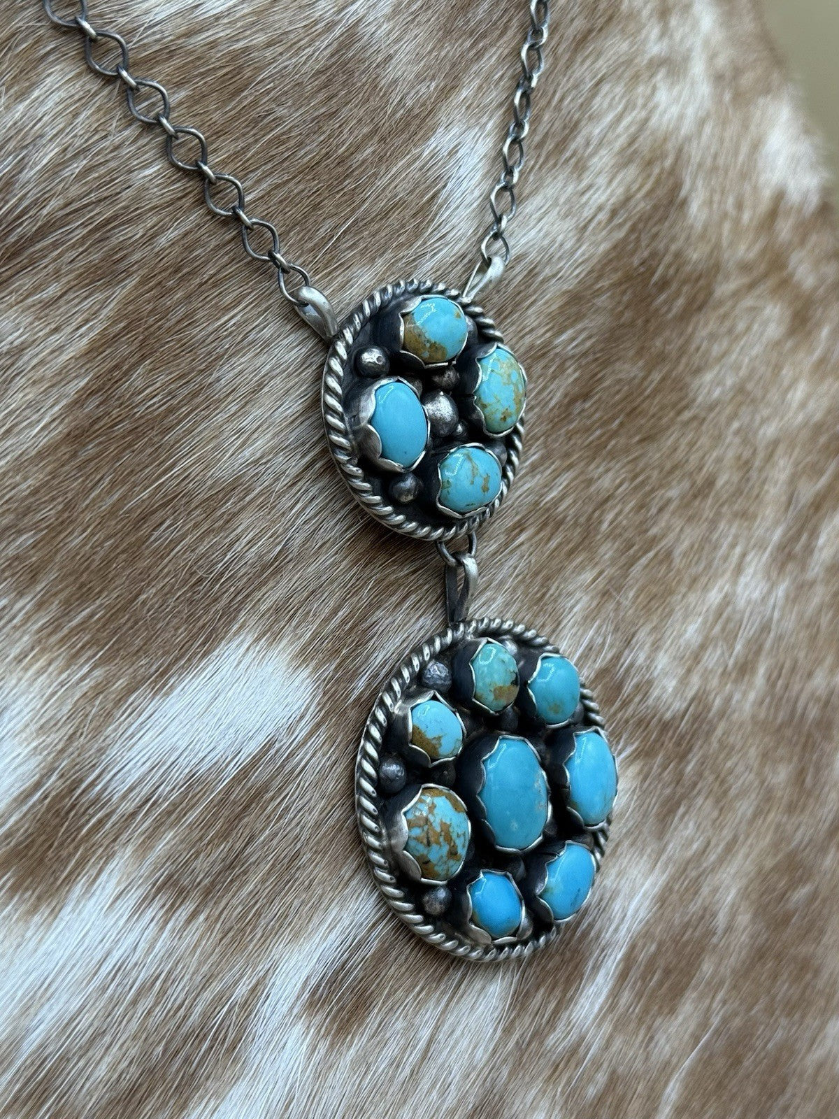 Navajo Handmade Sterling Silver Kingman Turquoise Cluster Bar Necklace 18”