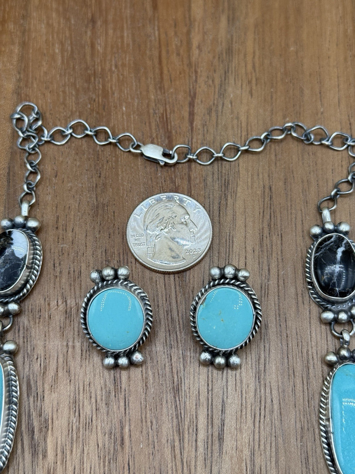 Navajo Handmade Sterling Silver Turquoise &White Buffalo Cluster Lariat Necklace