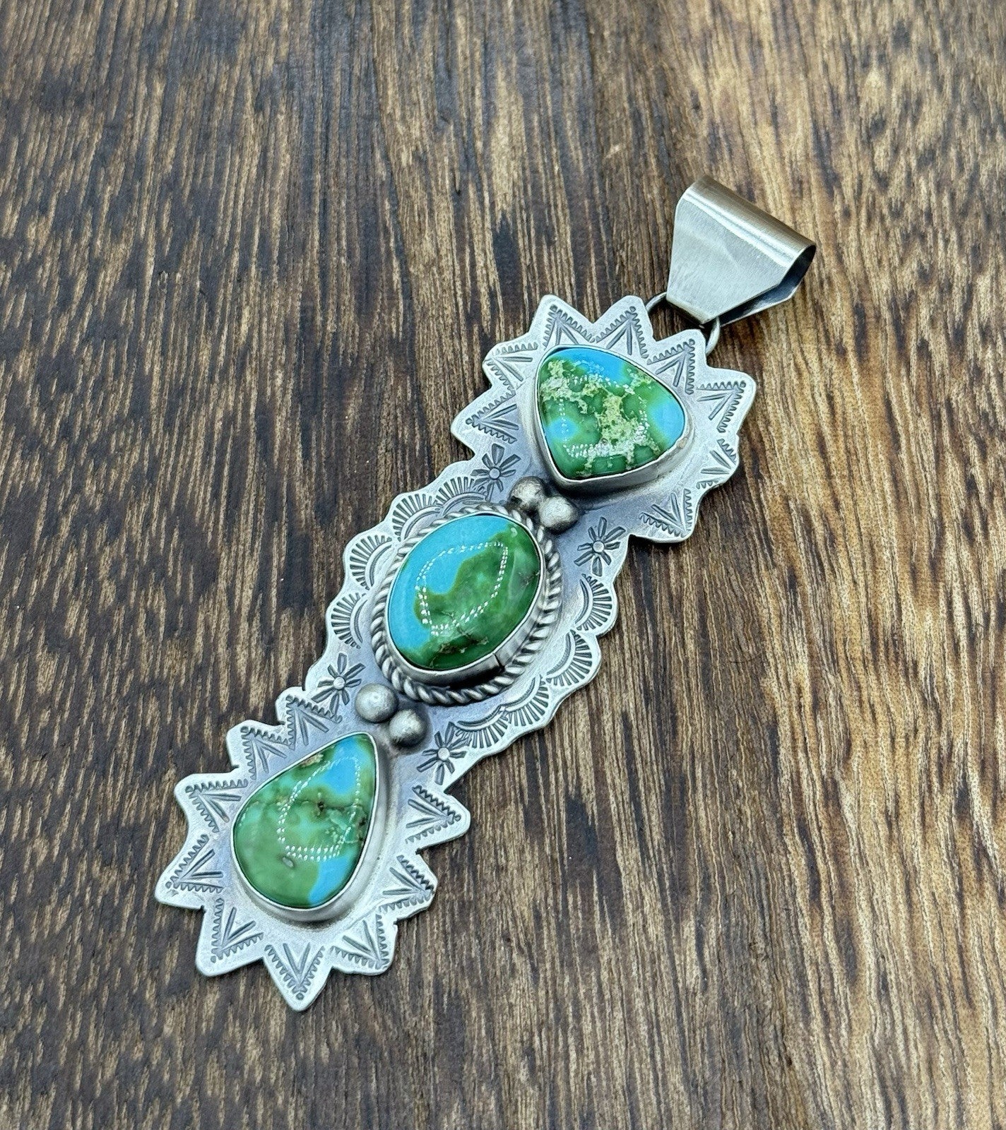 Navajo Handmade Sterling Silver Sonoran Gold Turquoise Stamped Drop Pendant