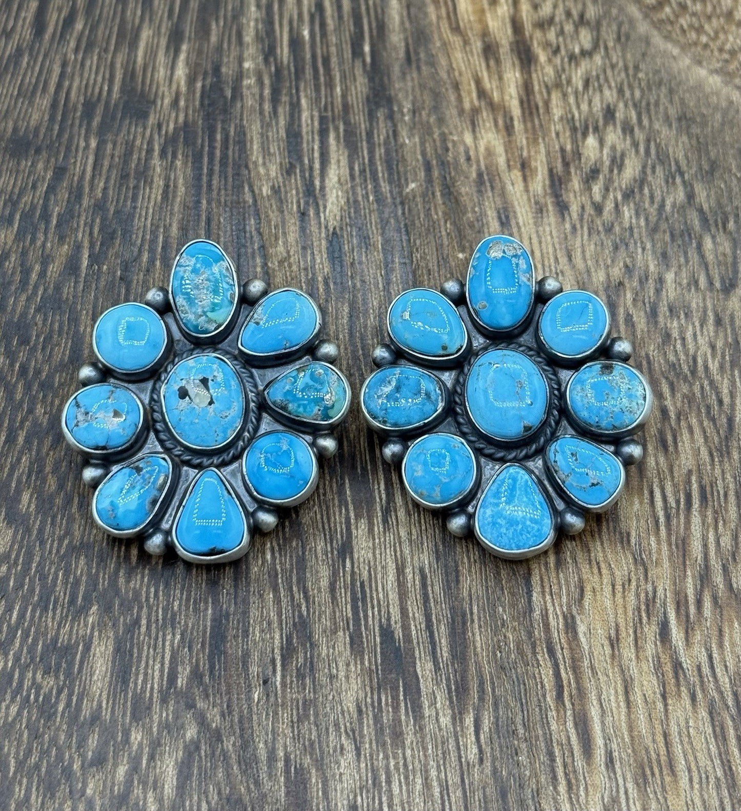 Navajo Handmade Sterling Silver Blue Ridge Turquoise Cluster Post Large Earrings