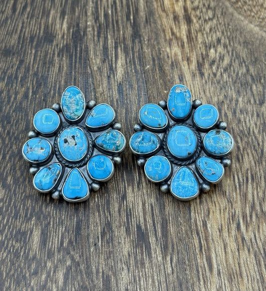 Navajo Handmade Sterling Silver Blue Ridge Turquoise Cluster Post Large Earrings
