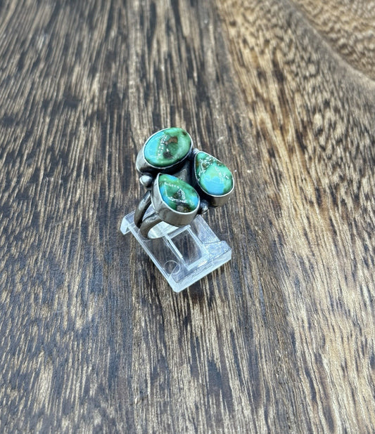 Navajo Handmade Sterling Silver Sonoran Gold Turquoise Cluster Ring Size 7
