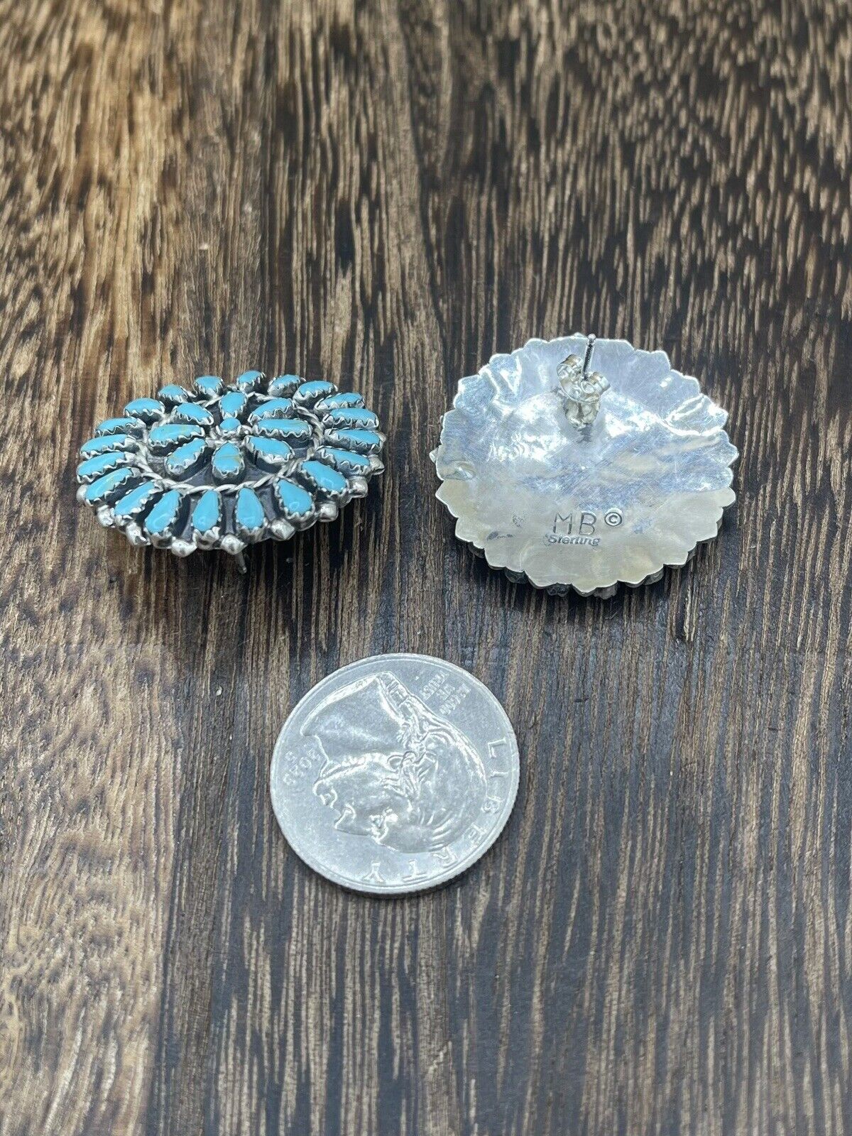 Native American Navajo Handmade Sterling Silver Turquoise Cluster Post earrings