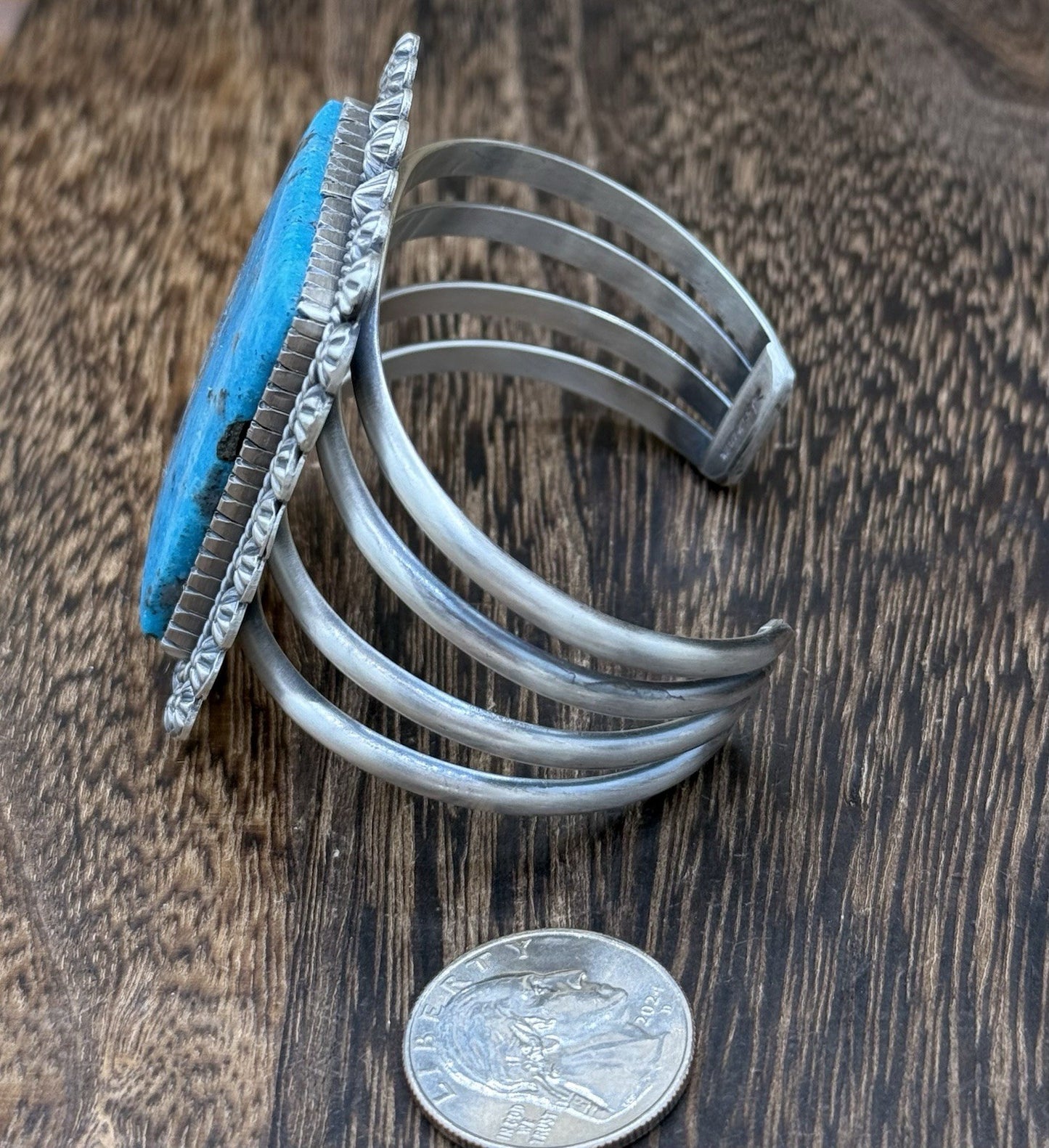 Native Navajo Handmade Sterling Silver Morenci Turquoise Old Look Cuff Bracelet