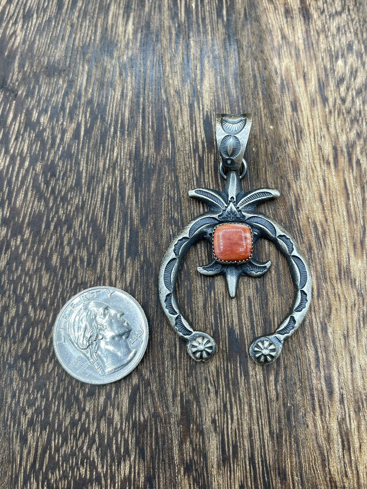 Native American Indian Navajo Handmade Silver Old Look Spiny Oyster Naja Pendant