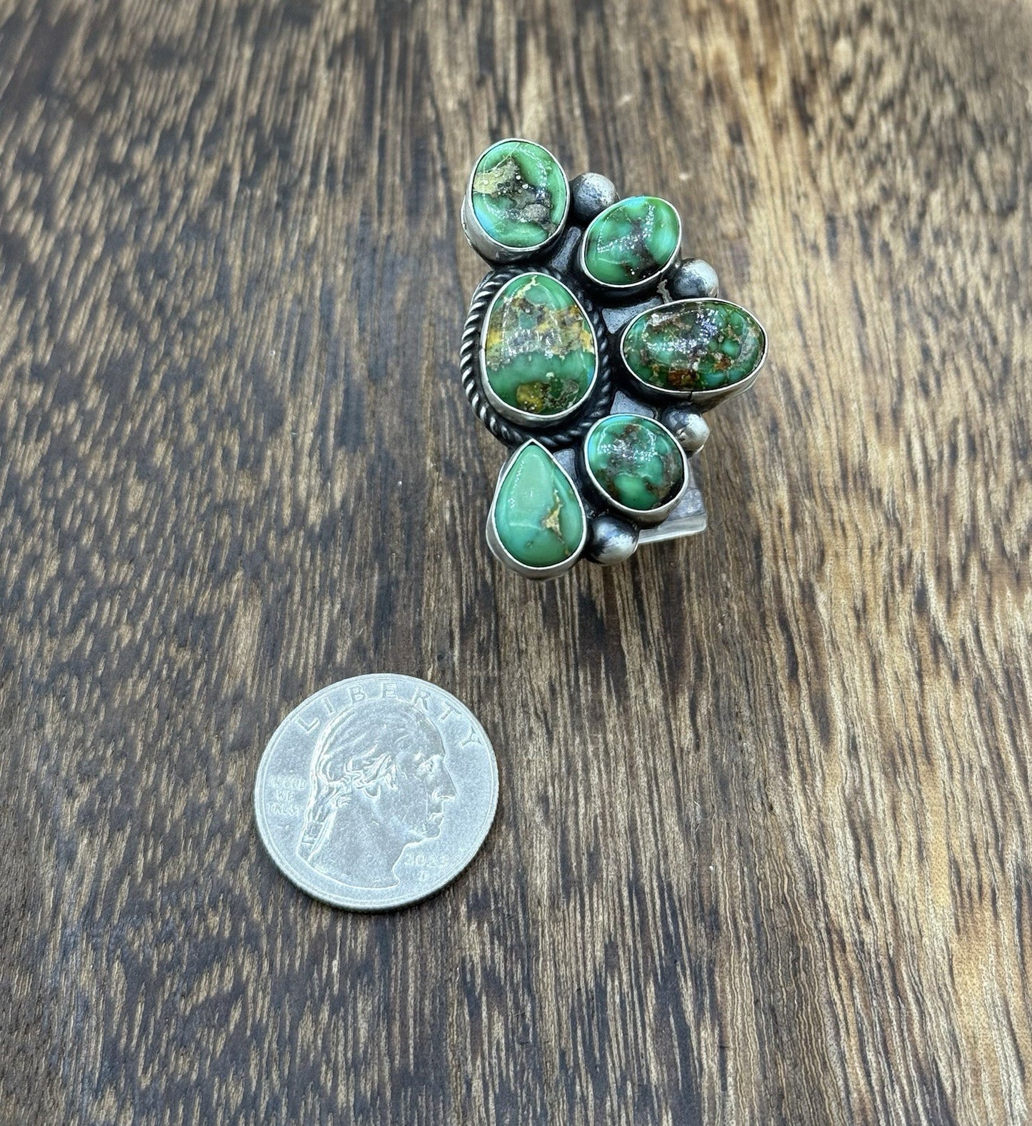 Navajo Handmade Sterling Silver Sonoran Gold Turquoise Half Cluster Ring Size 8