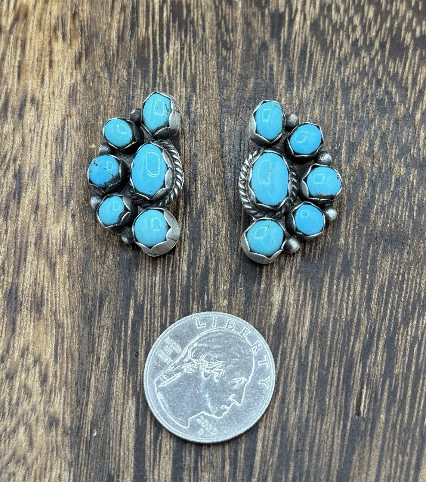 Navajo Handmade Sterling Silver Kingman Turquoise Half Cluster Post Earrings