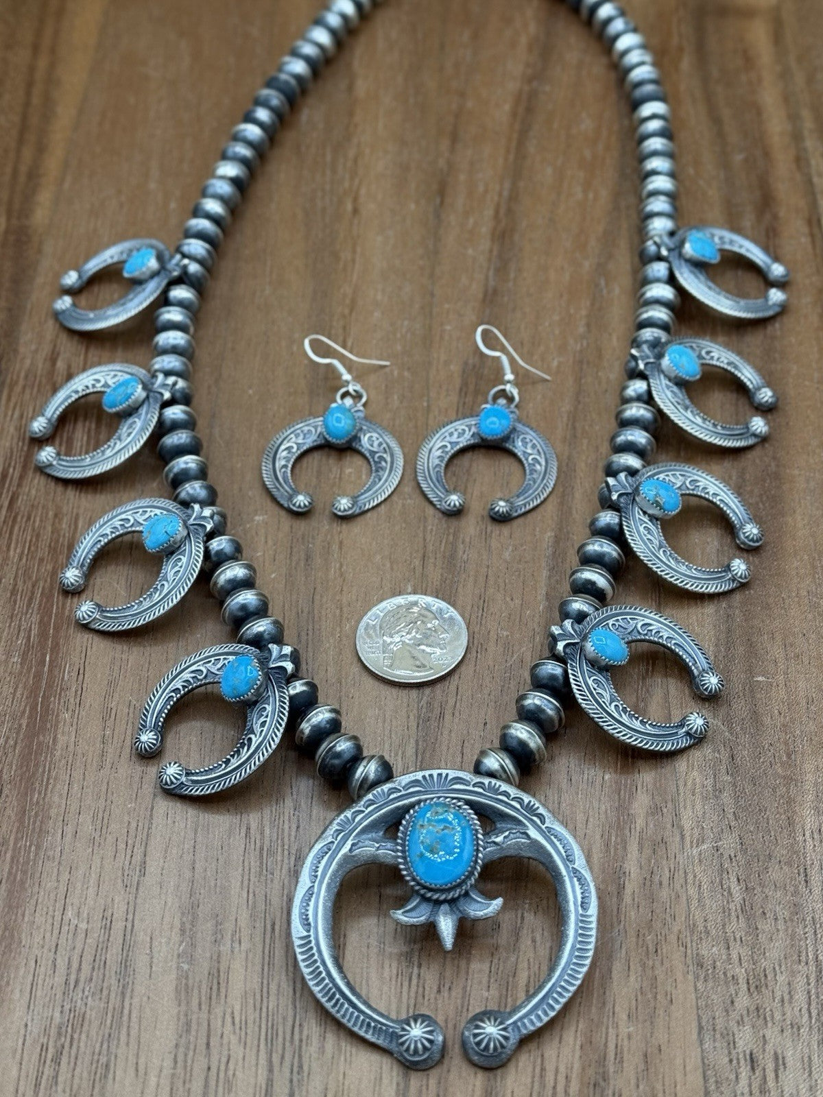 Navajo Handmade Sterling Silver Kingman Turquoise Squash Blossom Set By Kevin B.