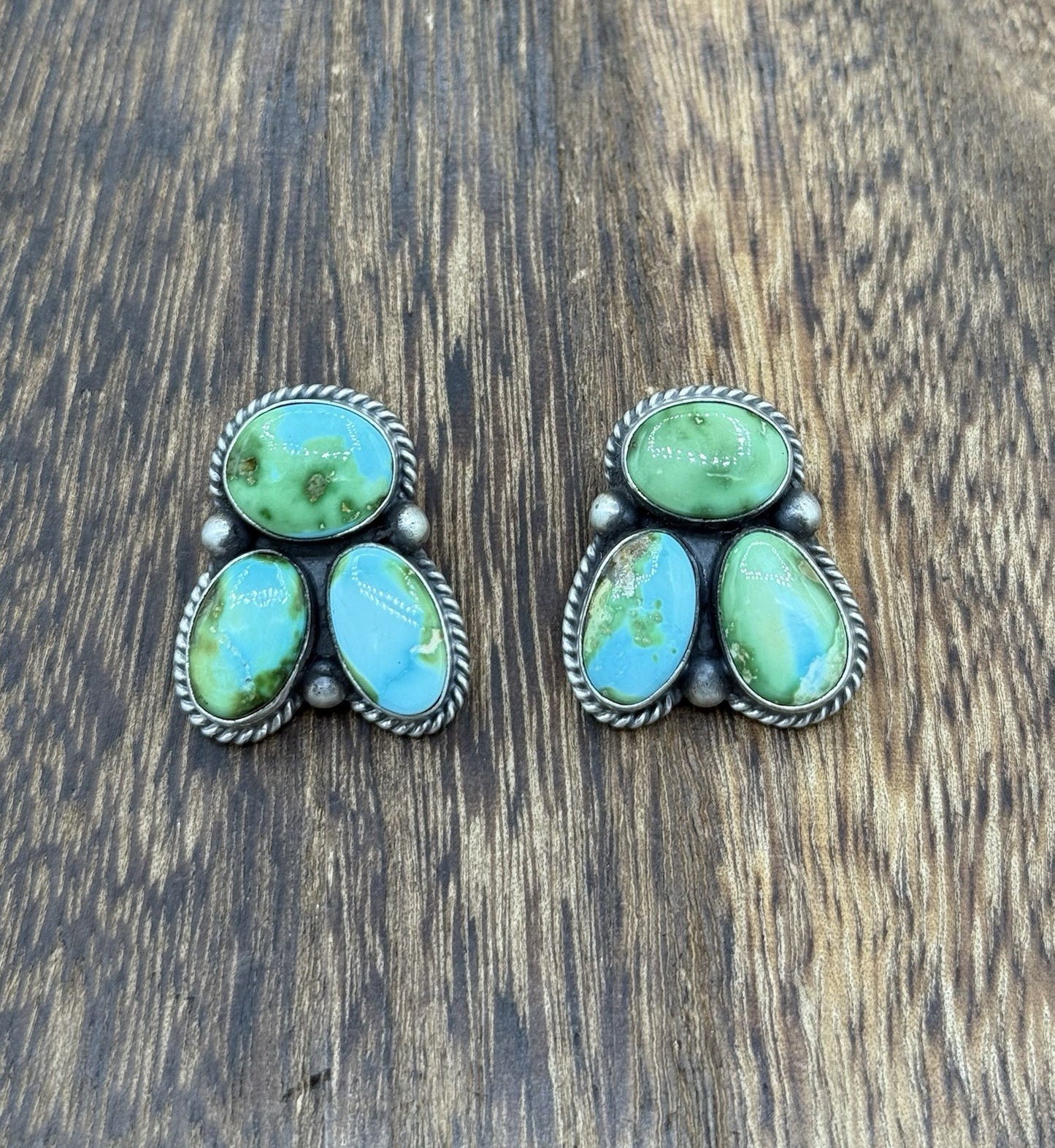 Navajo Handmade Sterling Silver Sonoran Gold Turquoise Post Cluster Earrings
