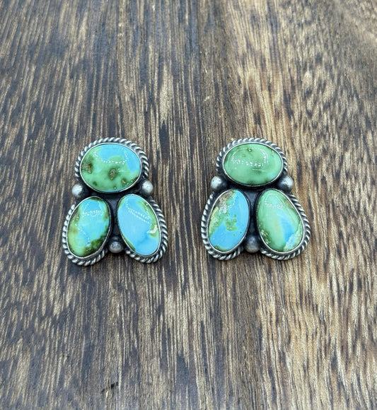 Navajo Handmade Sterling Silver Sonoran Gold Turquoise Post Cluster Earrings