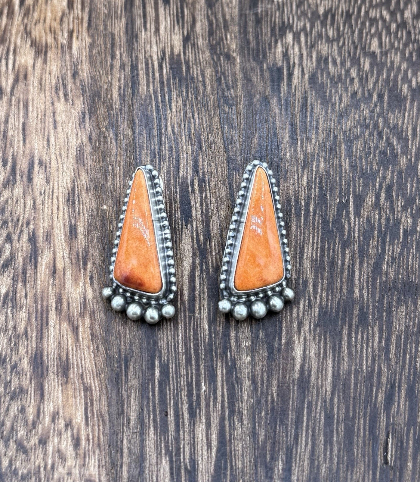 Native Navajo Handmade Sterling Silver Orange Spiny Oyster Post Stud Earrings