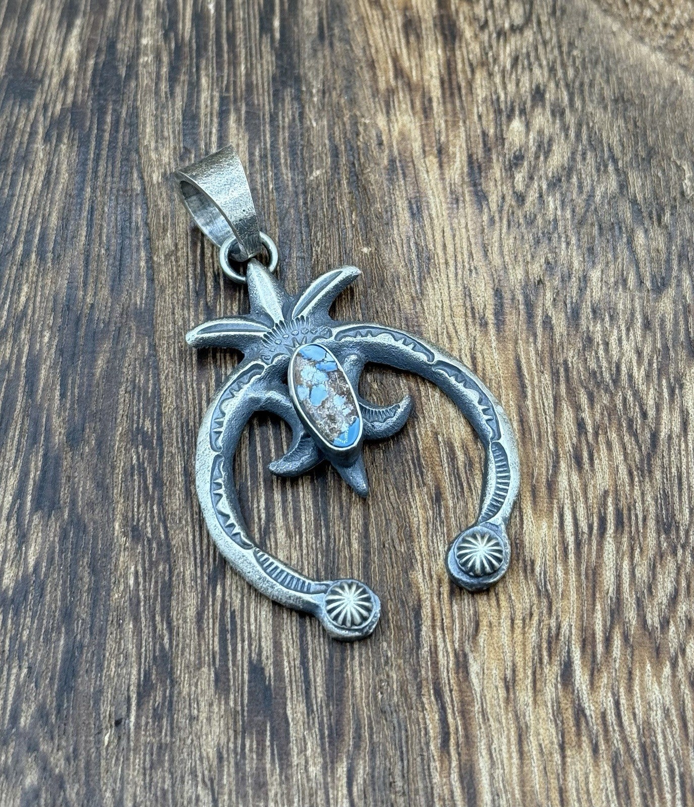 Navajo Handmade Sterling Silver Old Look Golden Hills Turquoise Naja Pendant