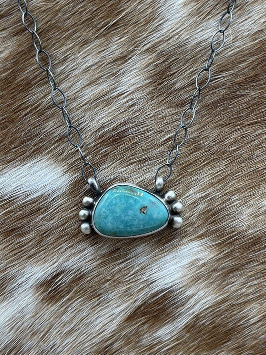 Native American Navajo Handmade Silver Kingman Turquoise Bar Necklace 18”