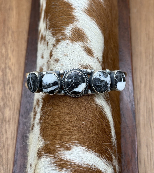 Navajo Handmade Sterling Silver White Buffalo Stacker Cluster Cuff Bracelet