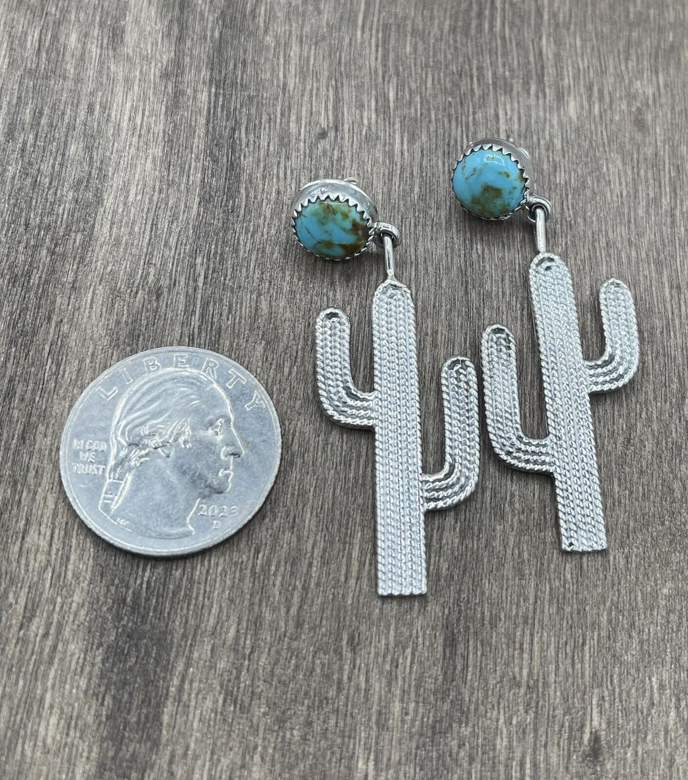 Native American Sterling Silver Navajo Handmade Turquoise Cactus Earrings