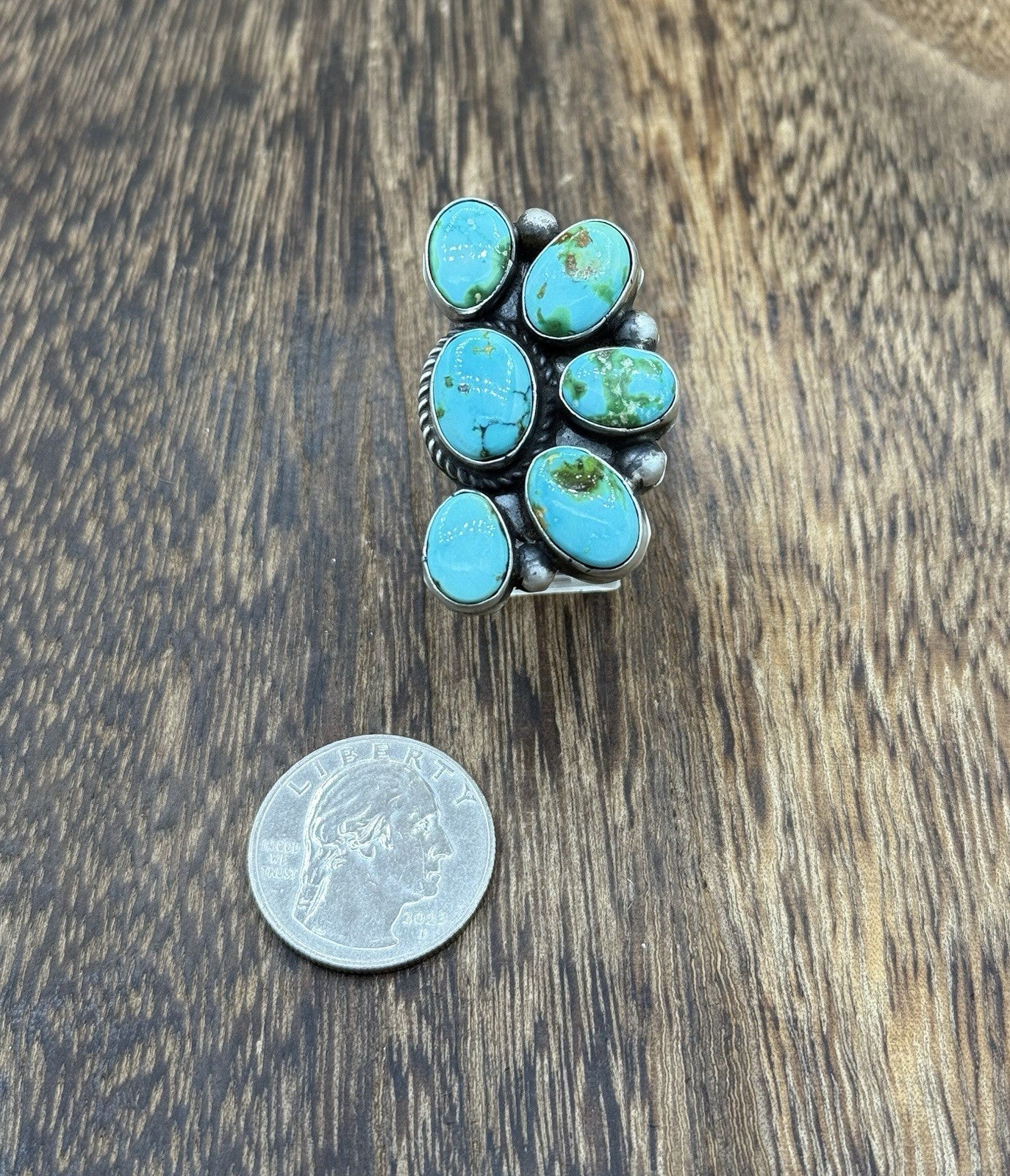 Navajo Handmade Sterling Silver Sonoran Gold Turquoise Half Cluster Ring Size 8