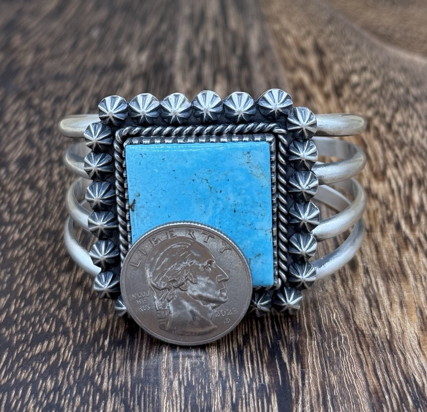 Native Navajo Handmade Sterling Silver Kingman Turquoise Old Look Cuff Bracelet