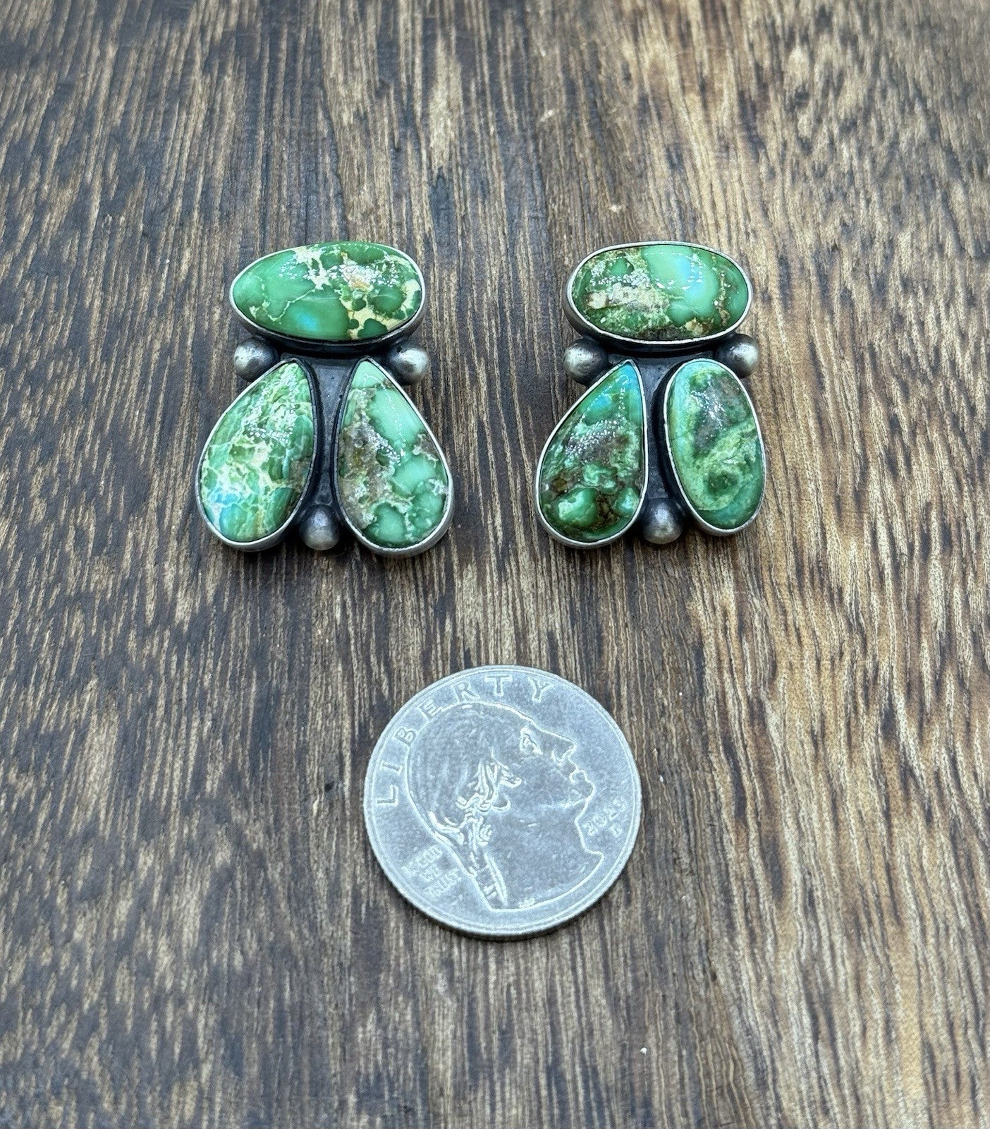 Navajo Handmade Sterling Silver Sonoran Gold Turquoise Post Cluster Earrings