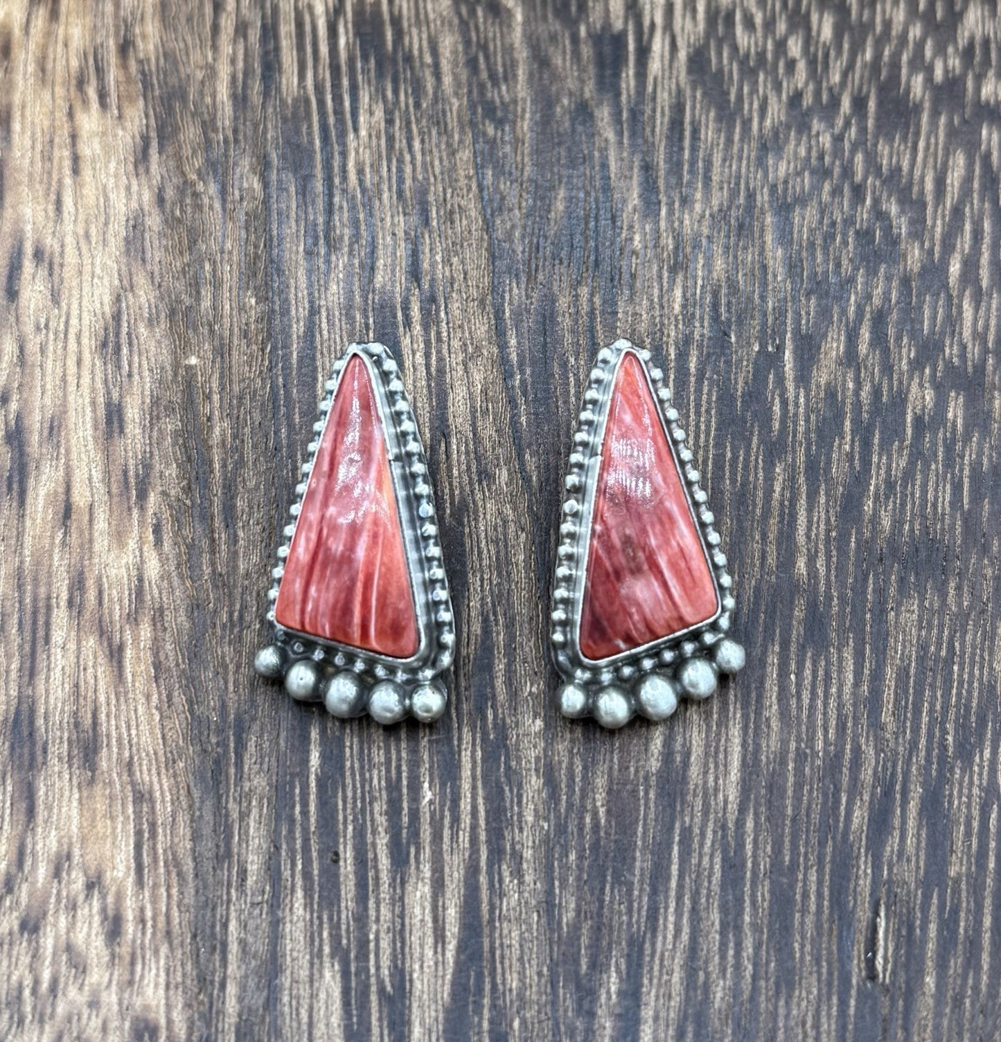 Native Navajo Handmade Sterling Silver Red Spiny Oyster Shell Post Stud Earrings