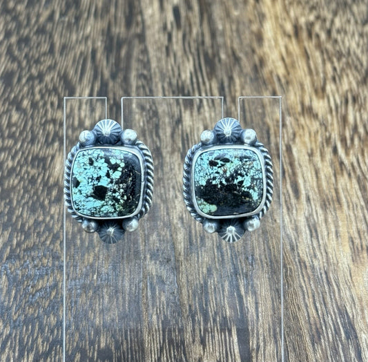 Navajo Handmade Sterling Silver Blackjack Turquoise Old Look Post Stud Earrings