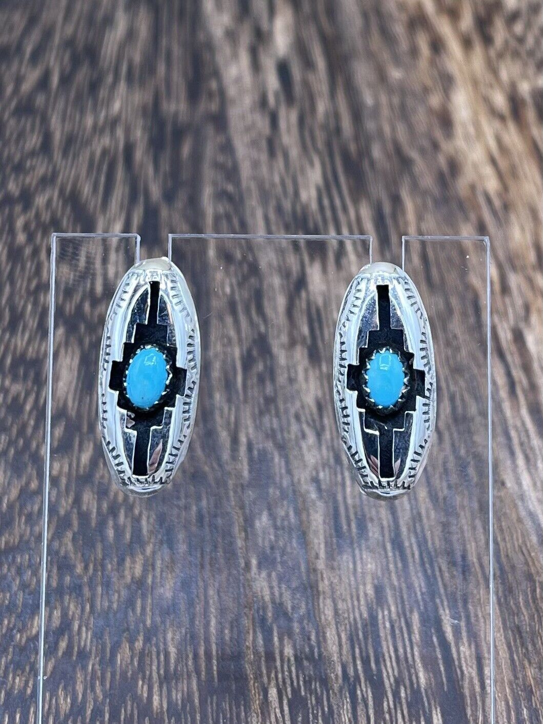 Native American Navajo Handmade Silver Turquoise Post Shadowbox Earrings Felix P