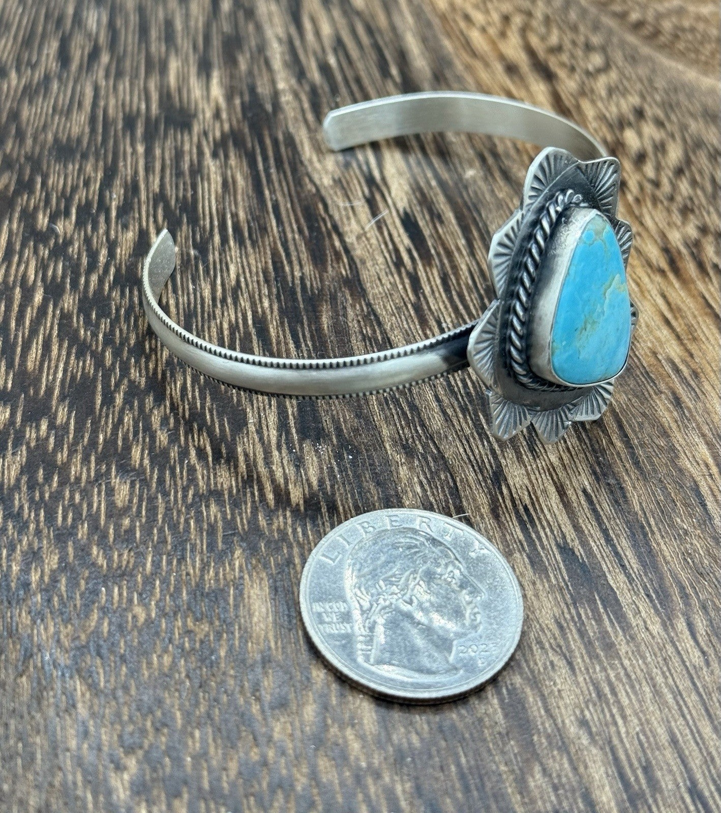 Native Navajo Handmade Sterling Silver Kingman Turquoise Cuff Stamped Bracelet
