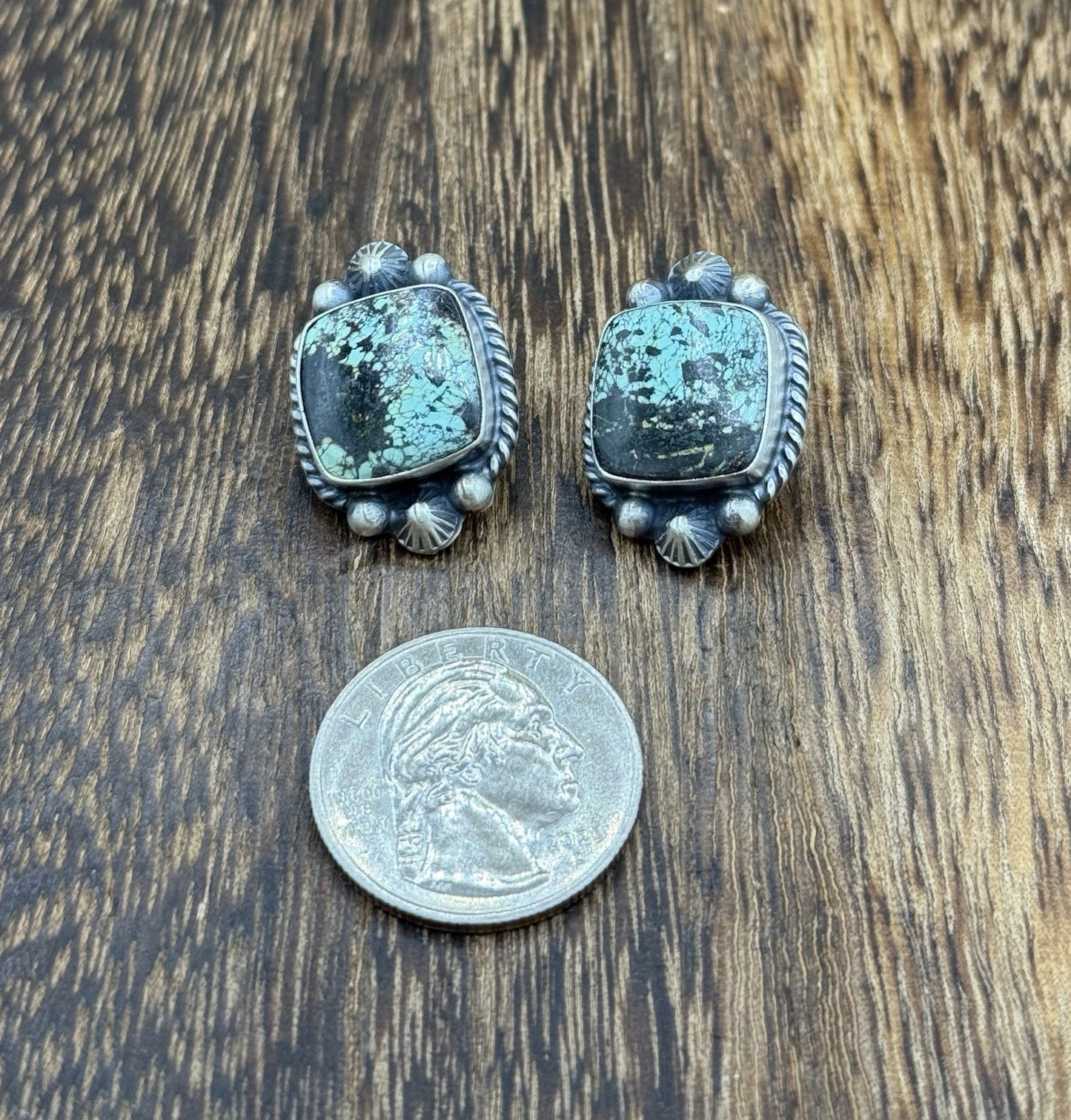 Navajo Handmade Sterling Silver Blackjack Turquoise Old Look Post Stud Earrings