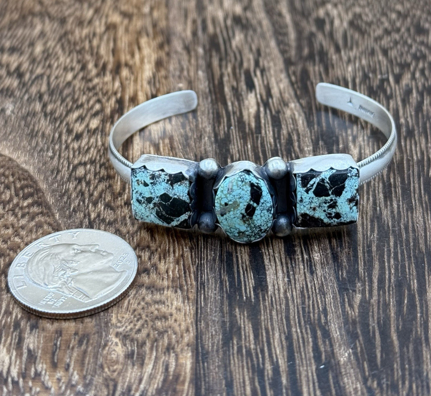 Navajo Handmade Sterling Silver Blackjack Turquoise Stacker Cuff Bracelet