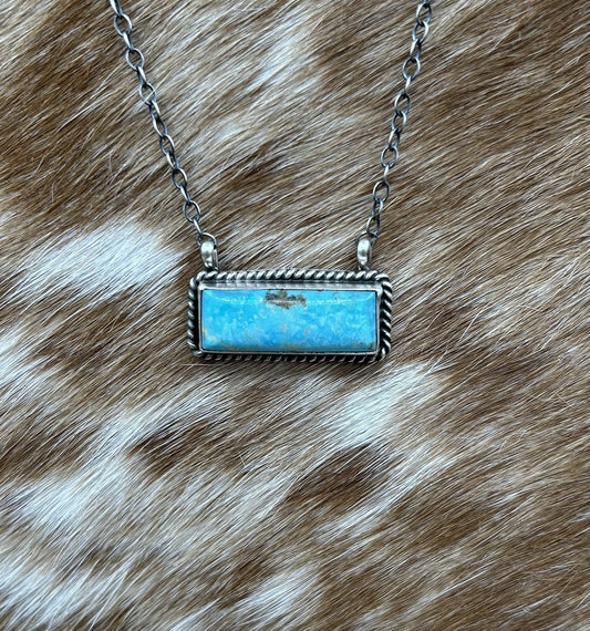Navajo Handmade Sterling Silver Kingman Turquoise Bar Necklace 16”