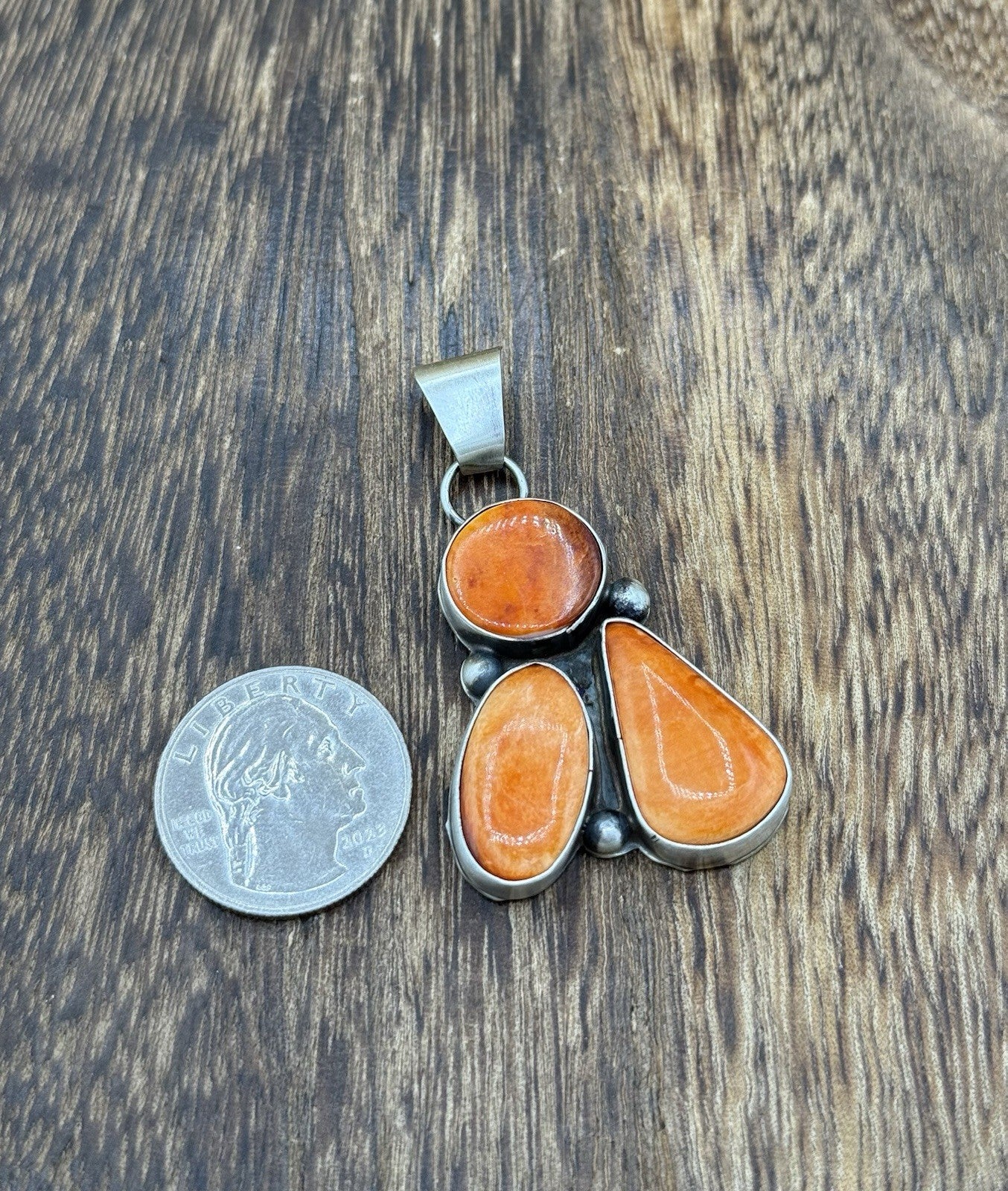 Navajo Handmade Sterling Silver Orange Spiny Oyster Shell Cluster Drop Pendant