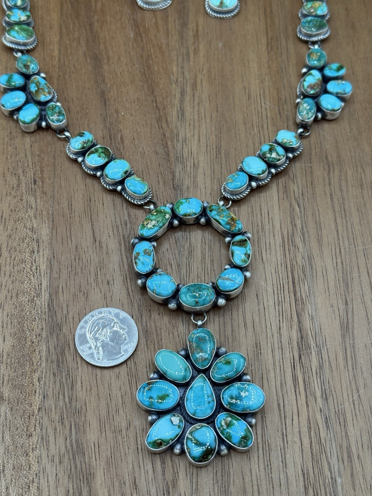 Navajo Handmade Sterling Silver Sonoran Gold Turquoise Cluster Lariat Necklace