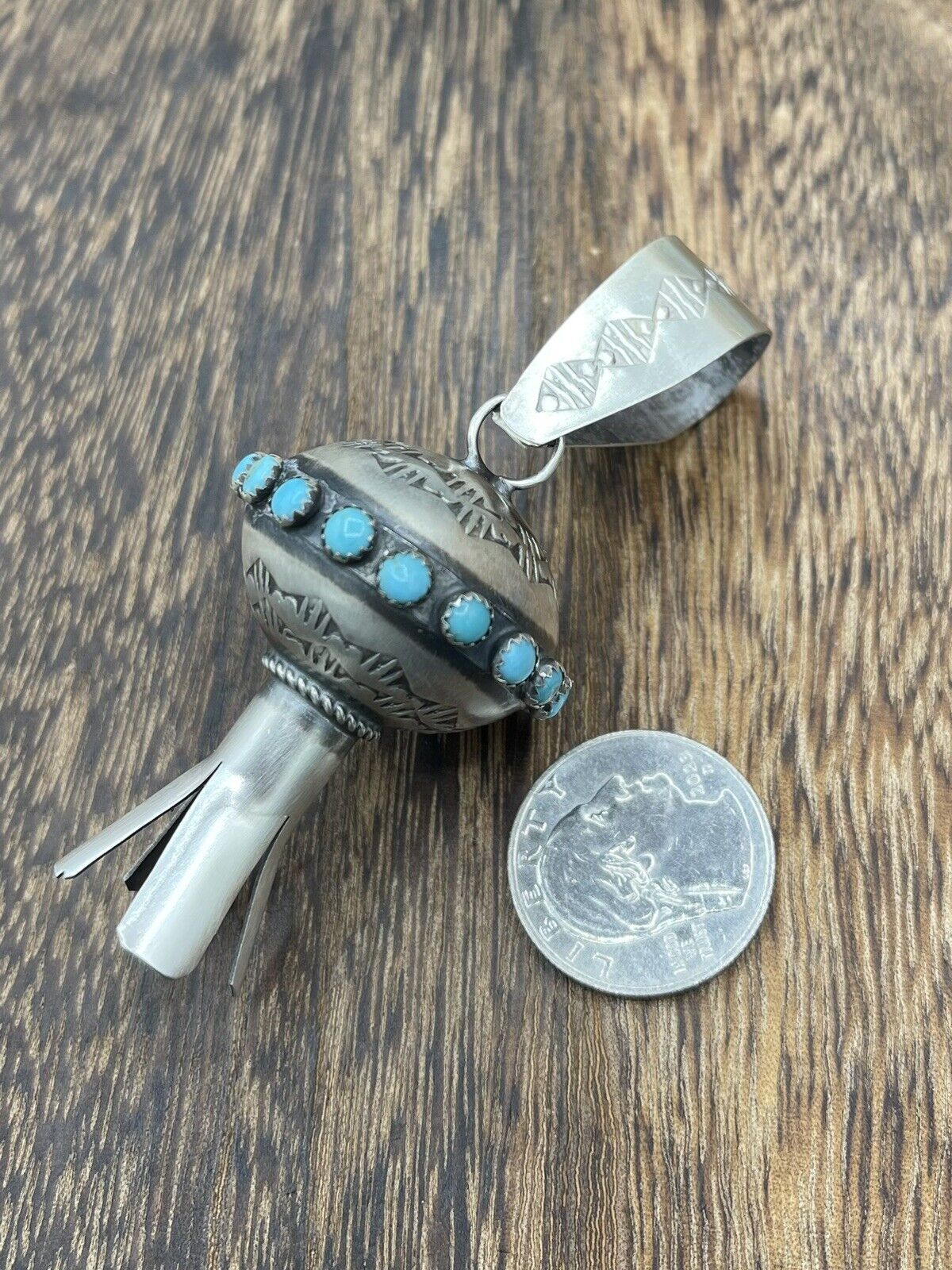 Native American Navajo Handmade Sterling Silver Turquoise Blossom Pendant