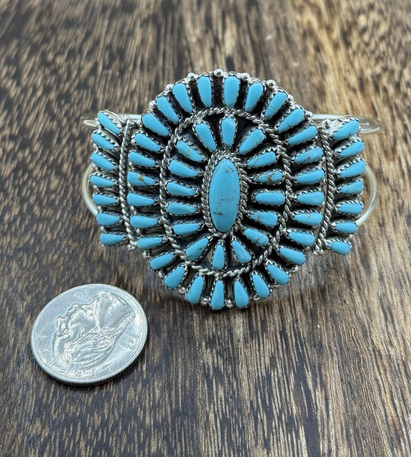 Native American Navajo Handmade Sterling Silver Turquoise Cluster Cuff Bracelet